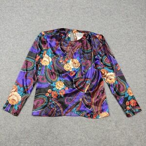 Vintage Three Flaggs Blouse Womens 6 Purple Paisley Floral Satin Bow Keyhole Top